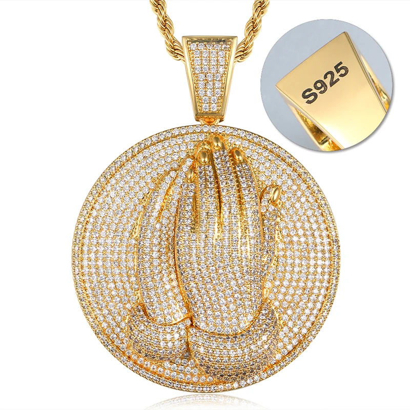 Ожерелье с подвеской Bling Pray Hand, 925 пробы, серебряная подвеска, золотой цвет, для мужчин, хип-хоп, модные ювелирные изделия, ледяная цепочка