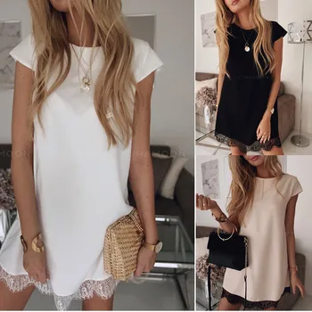 

Summer short sleeve loose round neck solid color hem lace dress dress robe vintage clothing shirt dropshipping sleeve