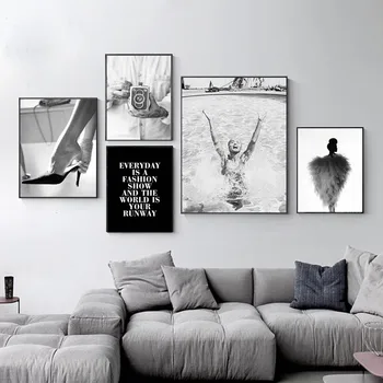 価格 黒、白水泳ガールヴィンテージカメラファッションポスター引用符キャンバスアートプリント北欧壁絵現代のホームインテリア絵画
