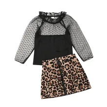 Модная одежда для маленьких девочек, шифоновая футболка с кружевным плетением, топ, Короткое мини-платье с леопардовым принтом, милый комплект из 2 предметов для детей 1-6 лет