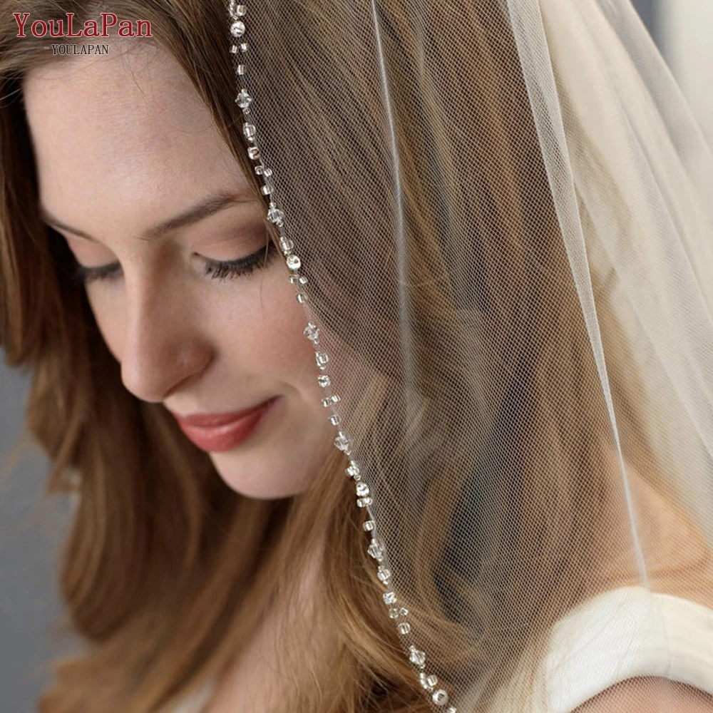 

YouLaPan V31 White Wedding Veil Accessories Bridal Veil Beaded Edge Elegant Wedding Veil with Diamonds for Marriage New Arrival