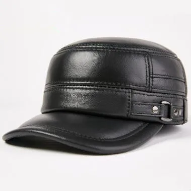 Snapback Кепка SILOQIN шляпа из натуральной кожи мужские армейские военные шапки регулируемый размер Новые мужские кожаные плоские шапки среднего возраста s - Цвет: black