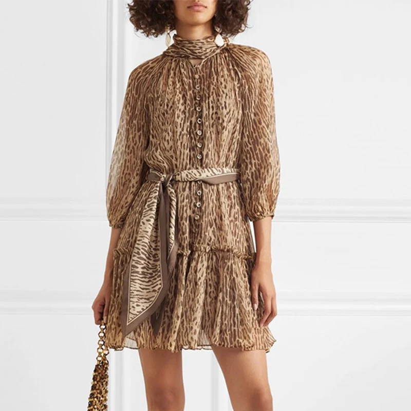 Леопардовое Платье женское винтажное подставка с воротником осеннее платье 2019
