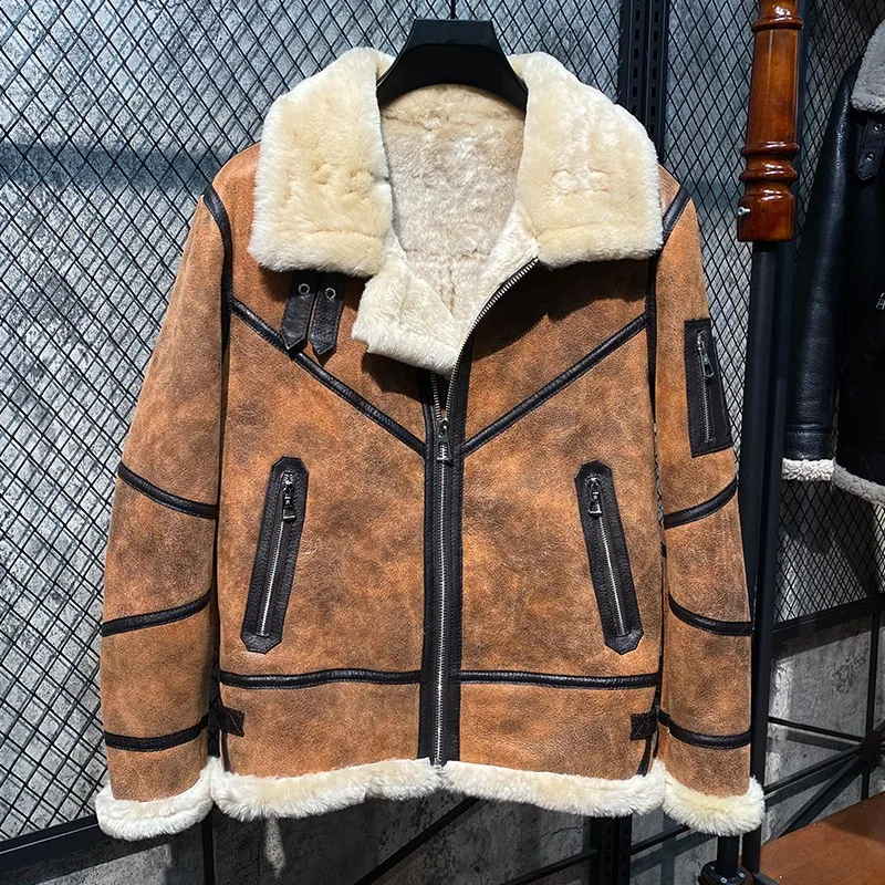 mens lambskin coat Mens New Genuine Leather Sheepskin Biker Jacket Casual Outerwear Straight Zippers Turn-Down Collar Korean Fashion Fur Coat big & tall genuine leather coats & jackets