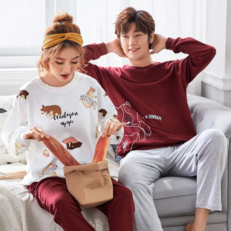 

Pajamas Women's Spring And Autumn 100% Pure Cotton Long Sleeve Trousers Korean-style Men And Women Couples Thin Home Wear Two-Pi