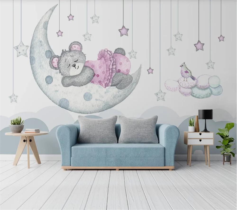 

Custom wallpaper 3D / 8D mural Nordic minimalist hand-painted cartoon fantasy moon bud star bear family indoor background wall