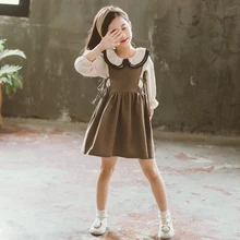 Осеннее платье для девочек Детские платья рубашка в Корейском стиле г., весенне-осенняя модная детская одежда с воротником «Питер Пэн» для детей от 2 до 13 лет