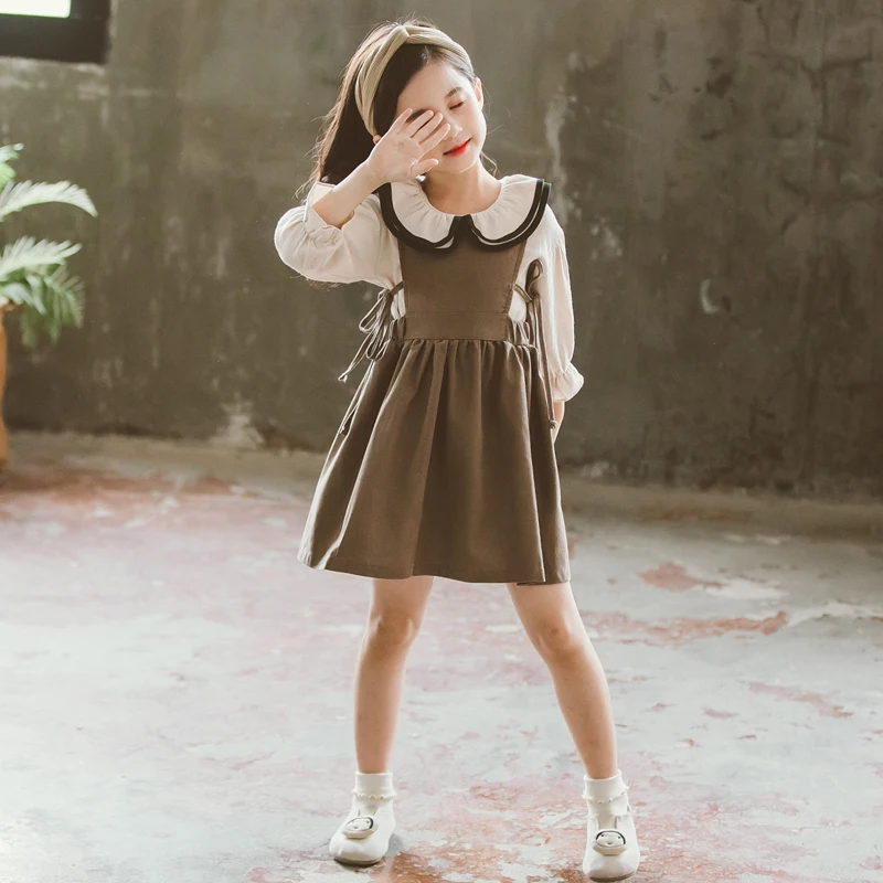 

Girls Fall Dress Kids Dresses wtih Shirt 2019 Korean Style Spring Autumn Children Fashion Peter Pan Collar 2 to 13 Years