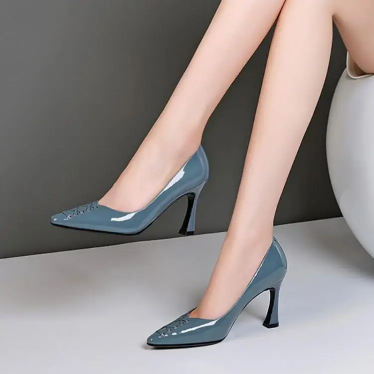 

Lacquer pointed high-heeled shoes with thin heel and shallow mouth single shoe leather women's toe layer cowhide