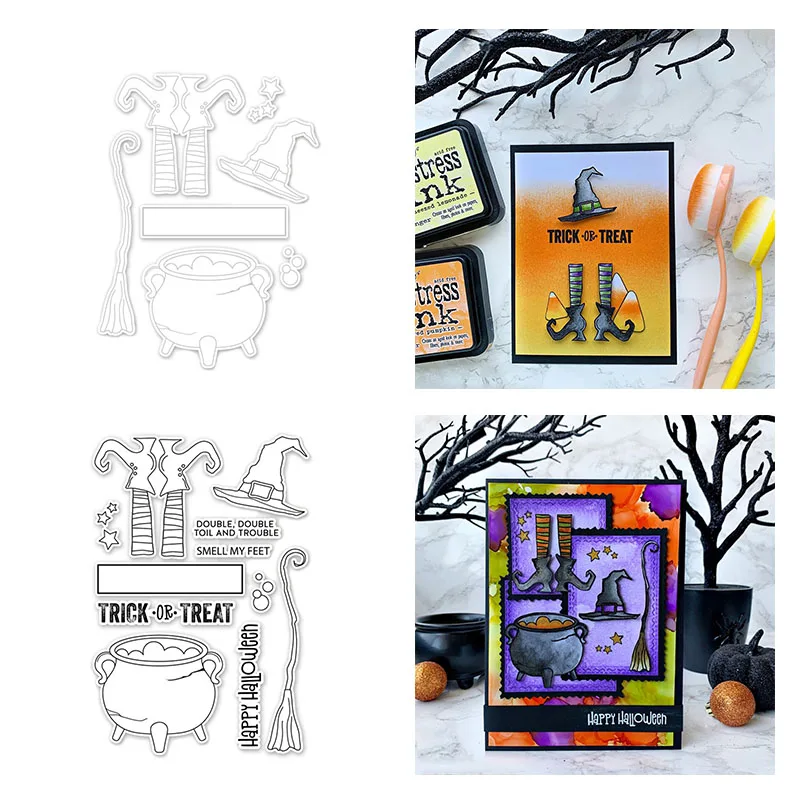 

Halloween Witch Hat Broom Shoes Words Transparent Clear Silicone Stamp& Dies for Diy Scrapbooking/photo Album Decor Card Making