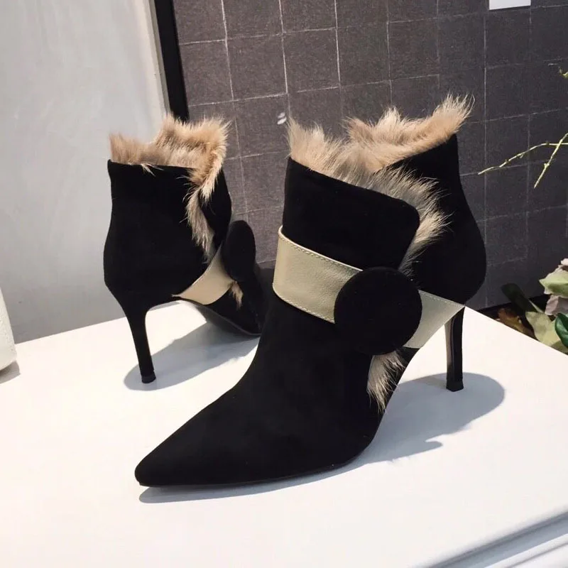 

winter boots women Autumn Winter Fashion Women Boots High Heels women Ankle Boots Sexy Pointed Toe Genuine leather Keep warm