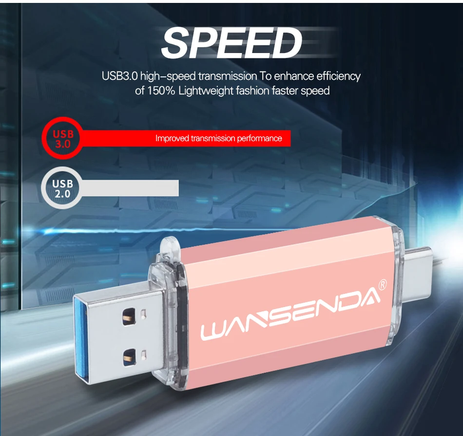 WANSENDA Тип C & флеш-накопитель USB 3,0 портативный флэш-накопитель 16 GB 32 ГБ, 64 ГБ и 128 ГБ 256 GB флешки 2 в 1 USB флеш-память Stick