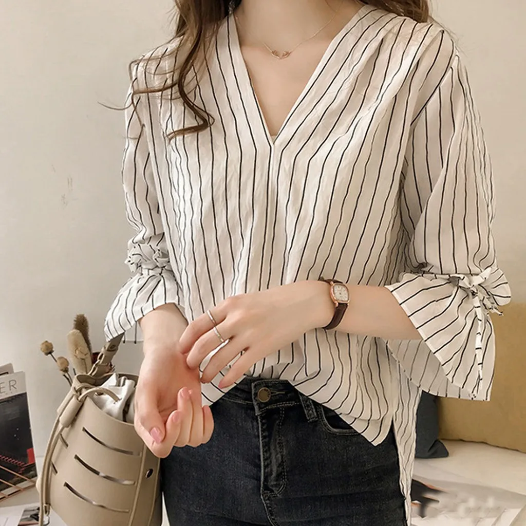 

Fashion Women Top Stripe Three Quarter Sleeve Shirt V-Neck Casual Loose Blouse Autumn Elegant Office Blouse camisas mujer #45