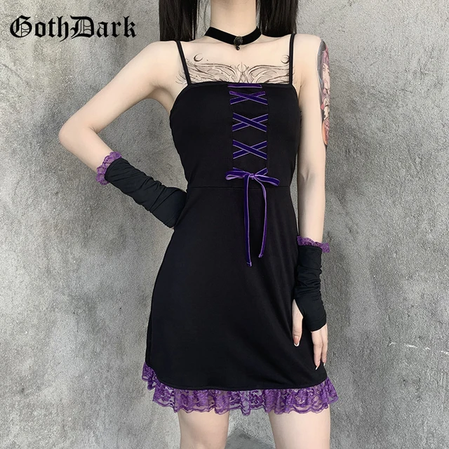 Goth Dark Vintage Bandage Gothic Lace Patchwork Dresses Black Sleeve Separated Rufflues Hem Backless Mini Dress For Women Autumn