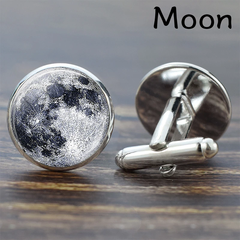 Full Moon Solar System Planet for Men Cufflinks Set Galaxy Nebula Earth Sun Jupiter Jewelry Suit Shirt Silver Cuff Links Gift - Окраска металла: Moon