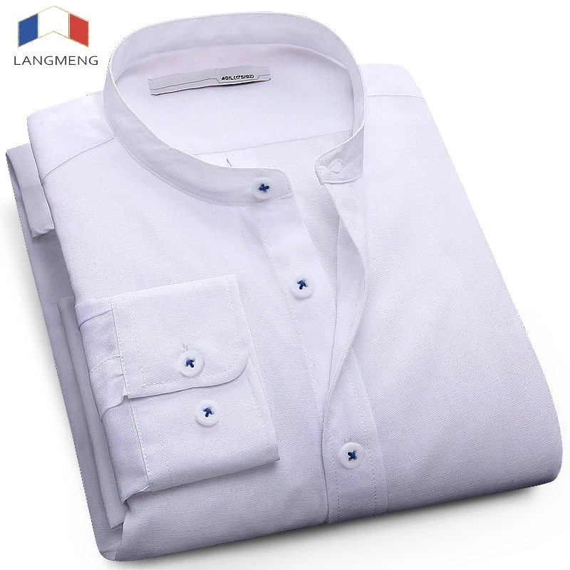 LANGMENG 2017 men plus size 5XL casual shirt mens long sleeve business shirts brand solid dress white blue Mandarin collar | Мужская