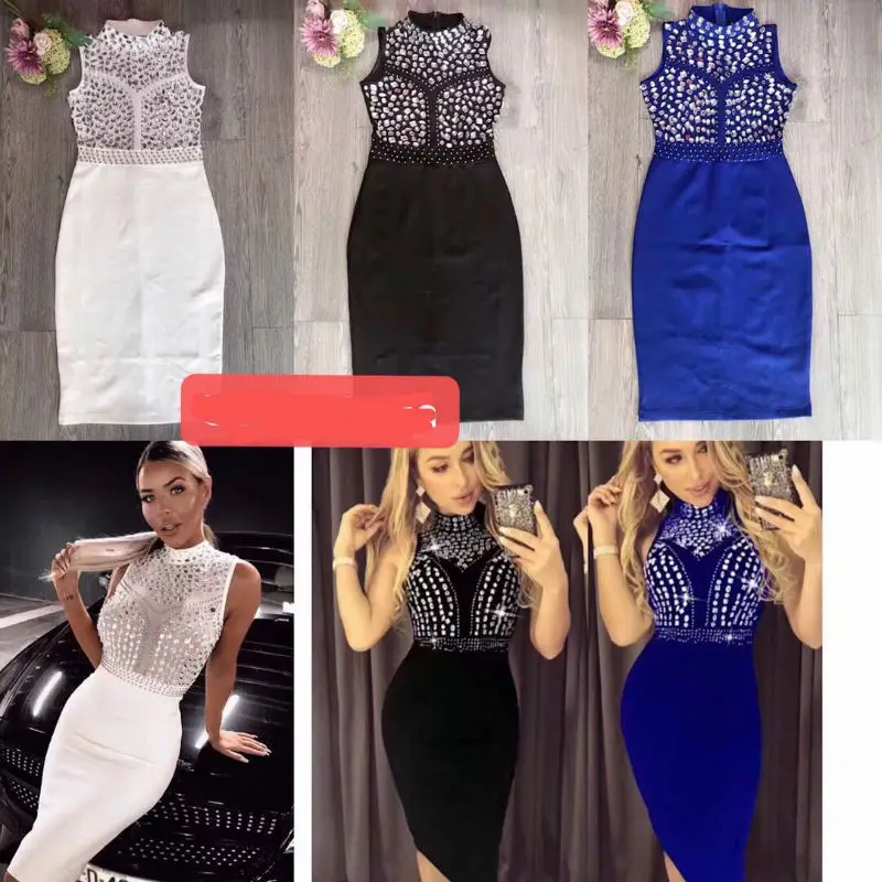 Новые сексуальные тонкие женские платья vestidos с бриллиантами воротником стойкой