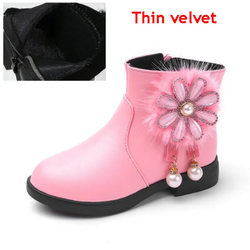 Зимние новые черные детские ботинки; ботинки для девочек; детская обувь; стразы; платье принцессы для девочек; ботинки для больших детей; теплые модные ботинки - Цвет: pink Thin velvet
