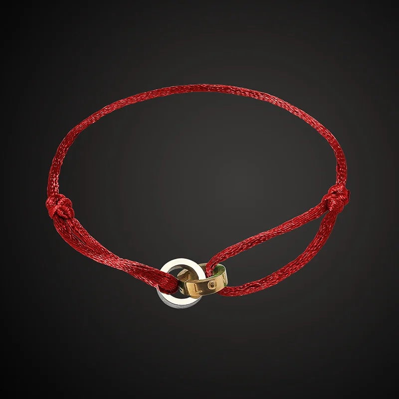 Vankeliif Simple Stainless Steel Two Circle Unisex Bracelet Handmade Red Rope Classic Fashion Jewelry Gift