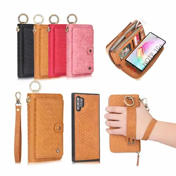 

POLA Fashion Woven Pattern Wristband Leather Holster Zip Wallet Case For Samsung Galaxy Note 10 + Magnetic Detachable Car Ring