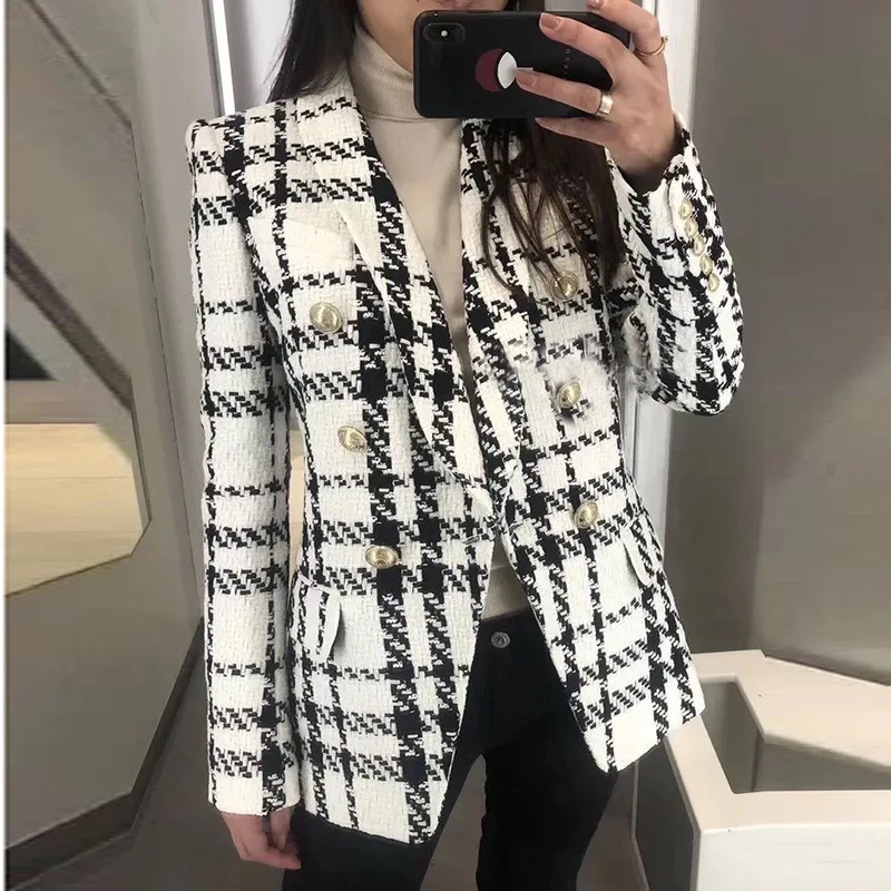 

2021 Plaid High Quality Jackets For Women Lion Button Long Sleeve Double-Breasted Tweed Cloth Shawl Collar Suit Jacket Elegant