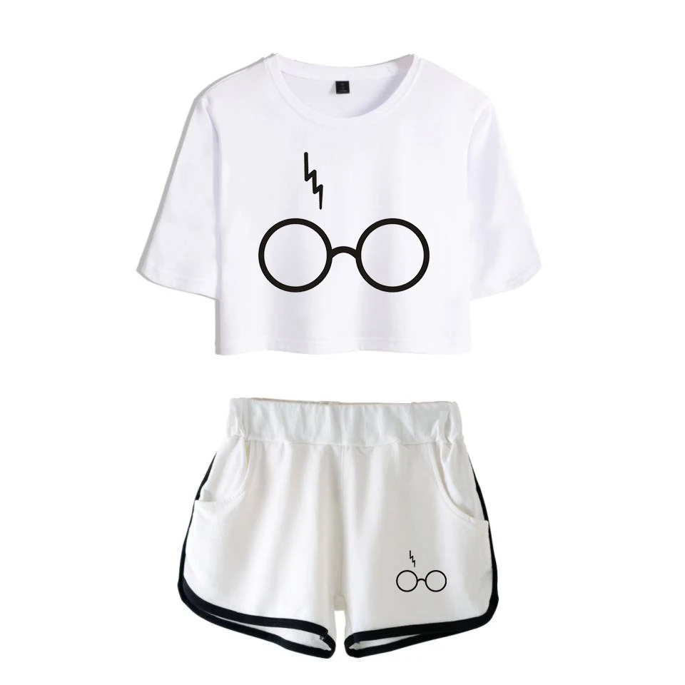 two piece sets HARRYS Glasses Printed Two Piece Set Short Sleeve Crop Top + Shorts Sweat Suits Women Tracksuit Two Piece Outfits Girl Sets ladies loungewear