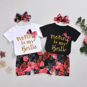 

3PCS Toddler Kid Baby Girls Bowknot Tops Floral Shorts Pants Headband Outfits
