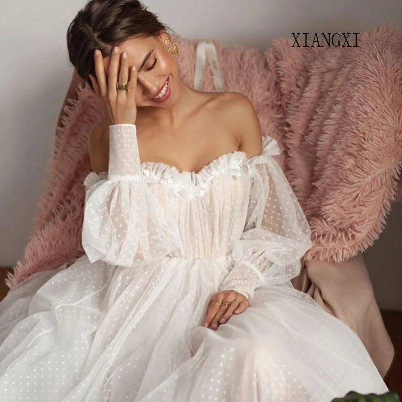 

2019 Charming White Evening Dress Tulle A-Line Off The Shoulder 3D Flower Full Sleeves Evening Dresses vestido de festa Longo