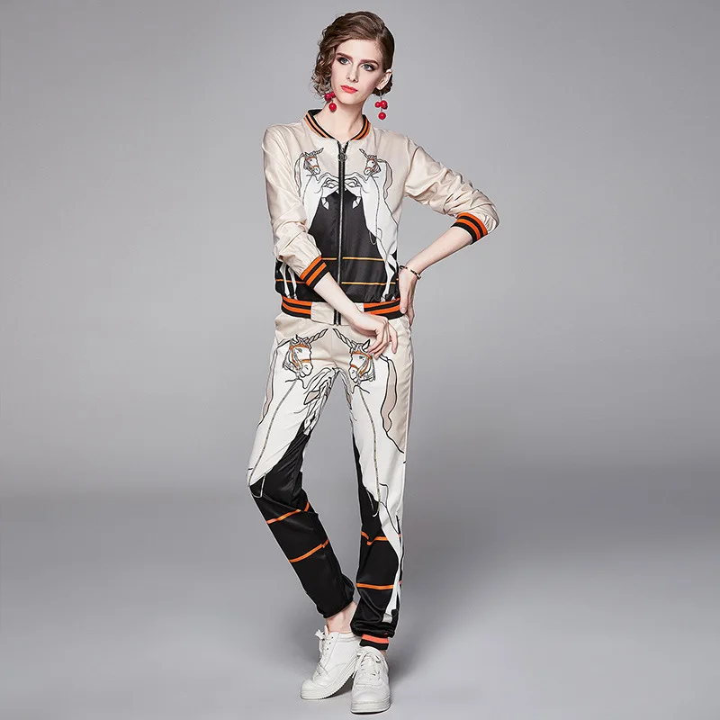 runway tracksuit women autumn winter fashion elegant Printed pants suit 2 piece set women zipper jacket pant Leggings suit