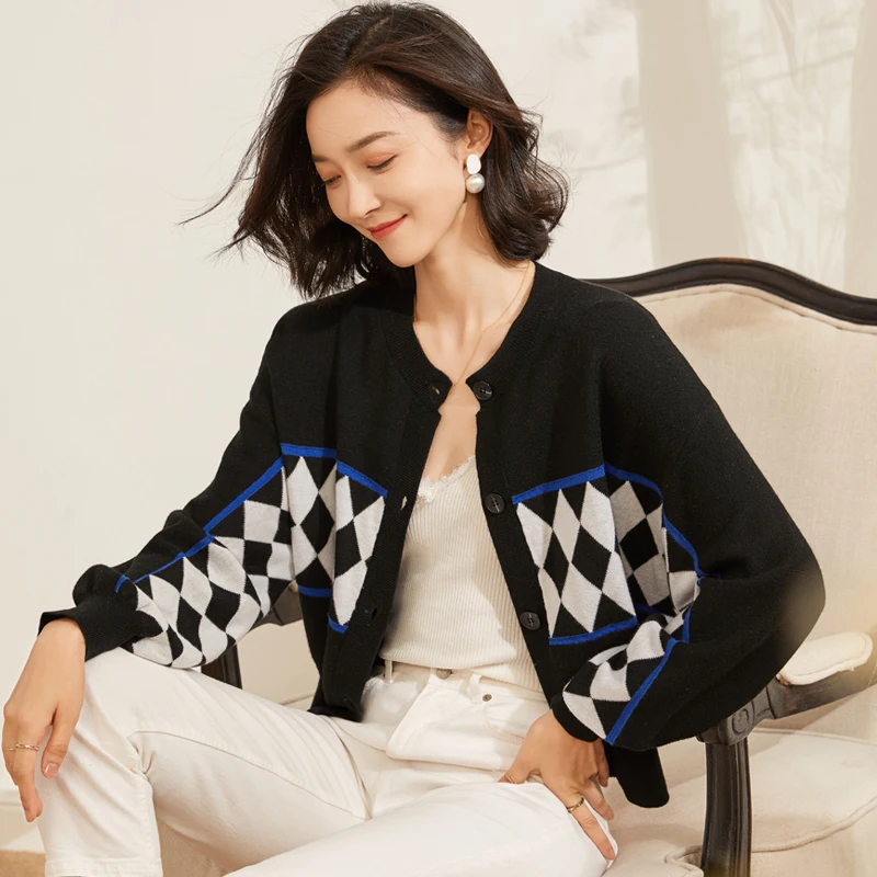 

Women Wool Cardigan New 2021 Spring Fashion Argyle Sweater Coat Ladies Knitwear Long Sleeve