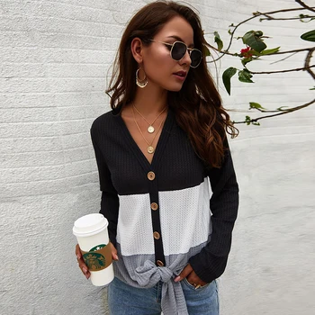 

Patchwork Sweater Women Autumn Fashion Casual Lace Up Sweater Ladies Loose V Neck Button Leisure Cardigan Plus Size Pull Femme