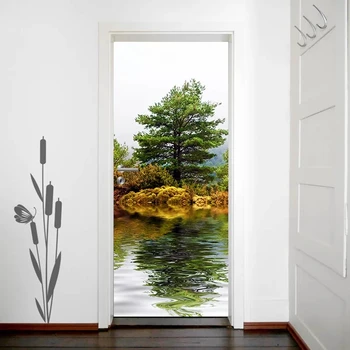 

Home Decor Paste Self Adhesive 3D Pine Tree Lake Wall Sticker Print Art Color Bricks Pulling Door Waterproof Wallpaper Picture