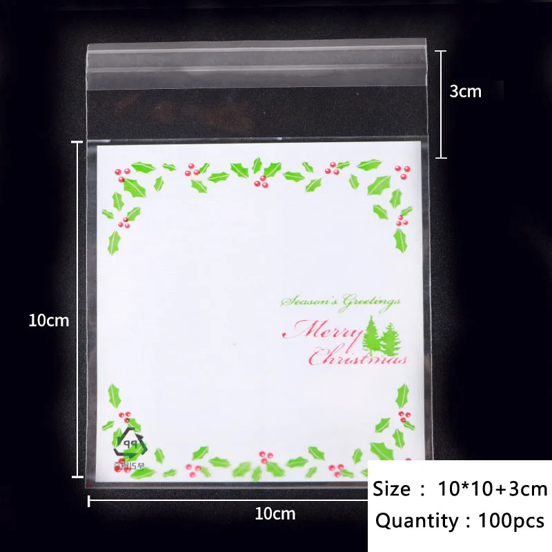 50Pcs Christmas Party Nougat Resealable Wrapping Pack Cherry Green Leaf Border White Frosted Cookies Cellophane Self Stick Bag