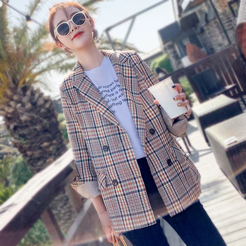 Vintage Plaid Ladies Blazer Khaki Loose Casual Stylish Suit Jacket Blazer Largo Mujer Korean Office Women Blazer Spring MM60NXZ
