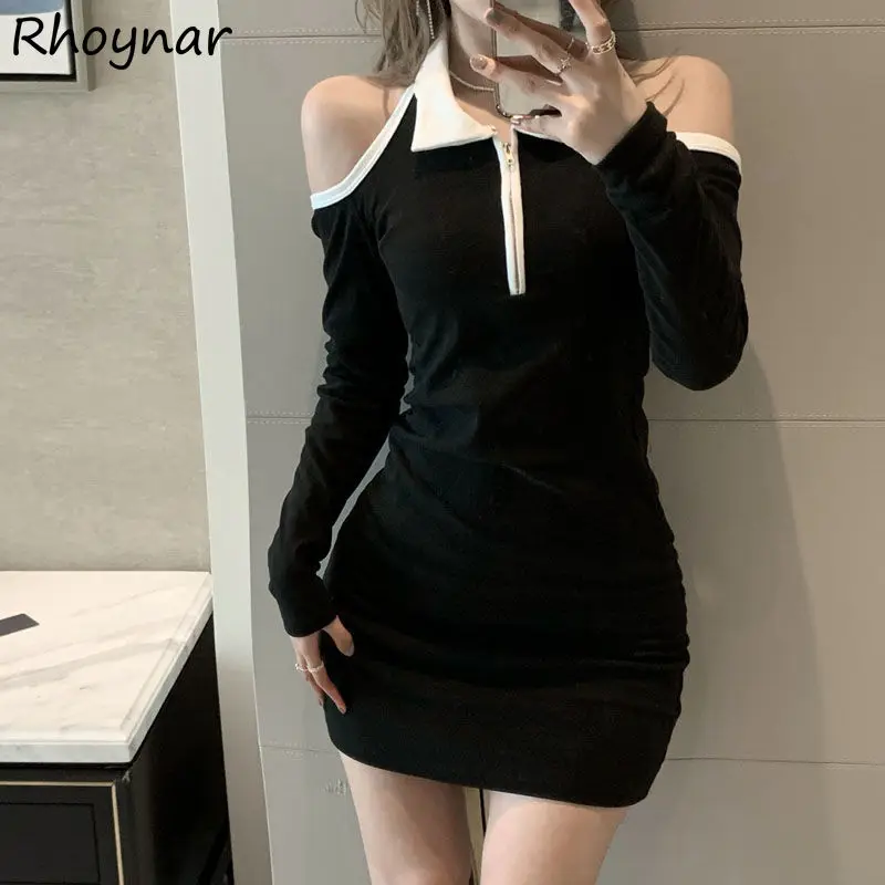 

Long Sleeve Dresses Women Hollow Out Design Sexy Ladies College Street Body-con Patchwork Ins Sheath Mini Vestidos Chic Mujer