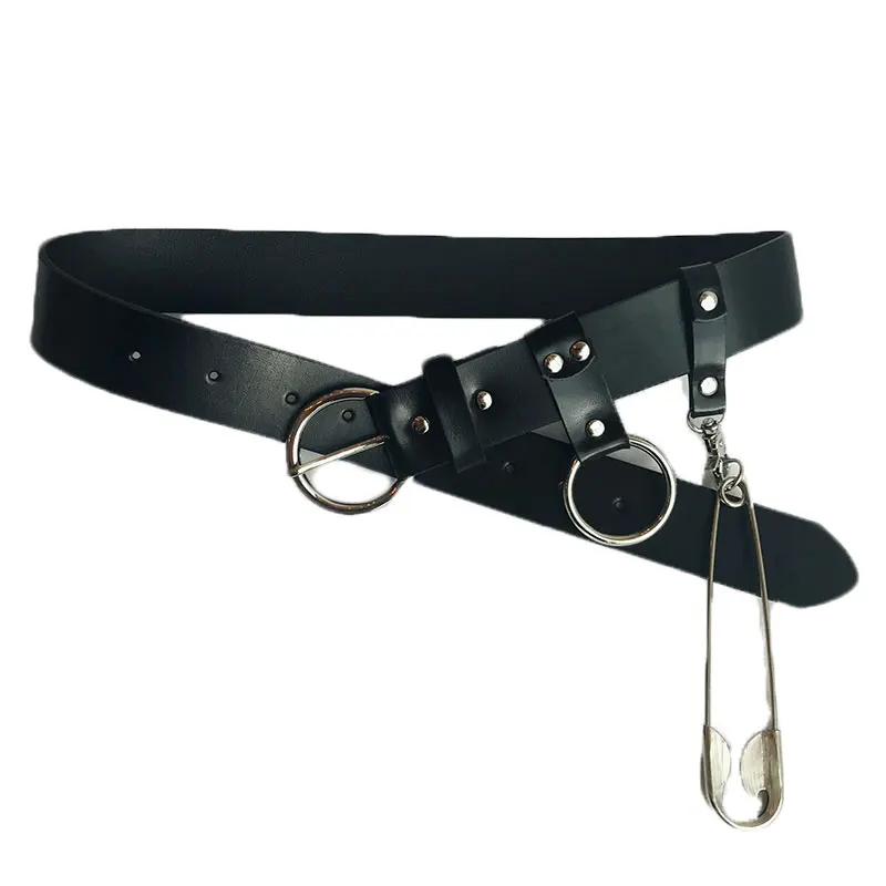 Fashion leather belt female coat jacket wide belts punk style novelty black belts runway brand autumn winter big pin belts