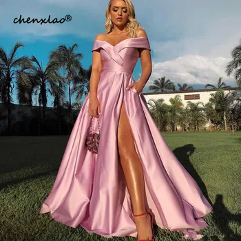 

Off the Shoulder Slit Prom Dresses Cheap Simple Satin Long Evening Gowns Women Party Ball Red Carpet Dress Formal