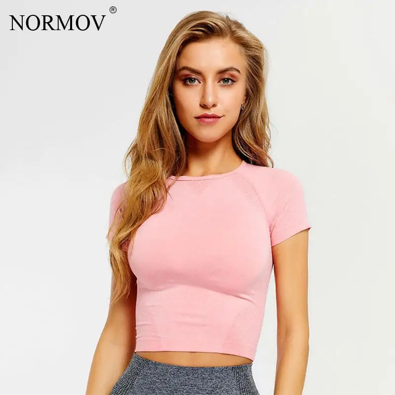 

NORMOV Round Neckline Seamless Fitness T Shirt Women High Elastic Breathable Short Sleeve T-shirt Solid Color Crop Tops Women