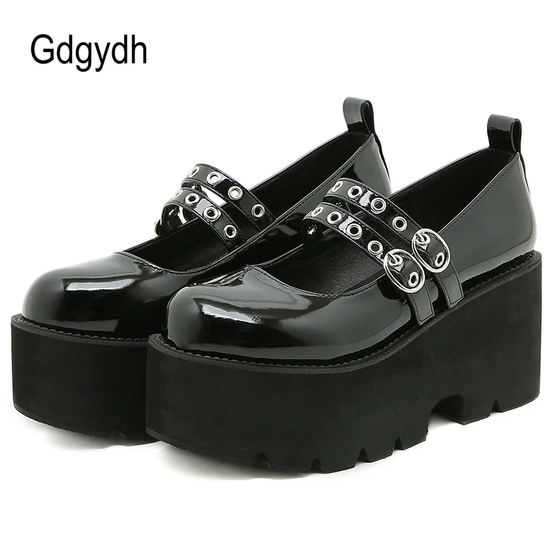 

Gdgydh Patent Leather Ladies Platform Mary Janes Pumps Belt Buckle Women Gothic Cute Punk Shoes Thick Sole Comfortable Plus Size