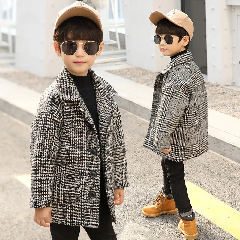 

Young STUDENT'S Plaid Woolen Overcoat 2018 Autumn And Winter Children Big Boy Fashion-Style Fold-down Collar Thick Warm Trench C