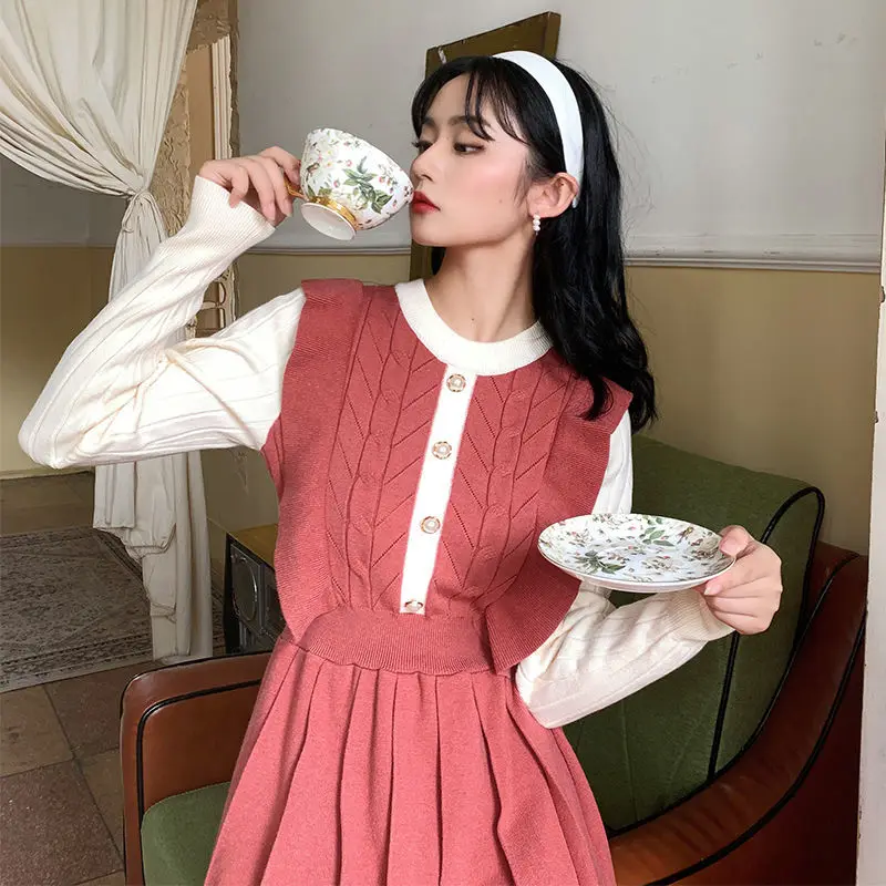 

QWEEK Warm Sweater Dress Women Winter Dresses Long Sleeve 2020 French Vintage Ruffle Midi Dress Pleated Patchwork Robe Vestidos