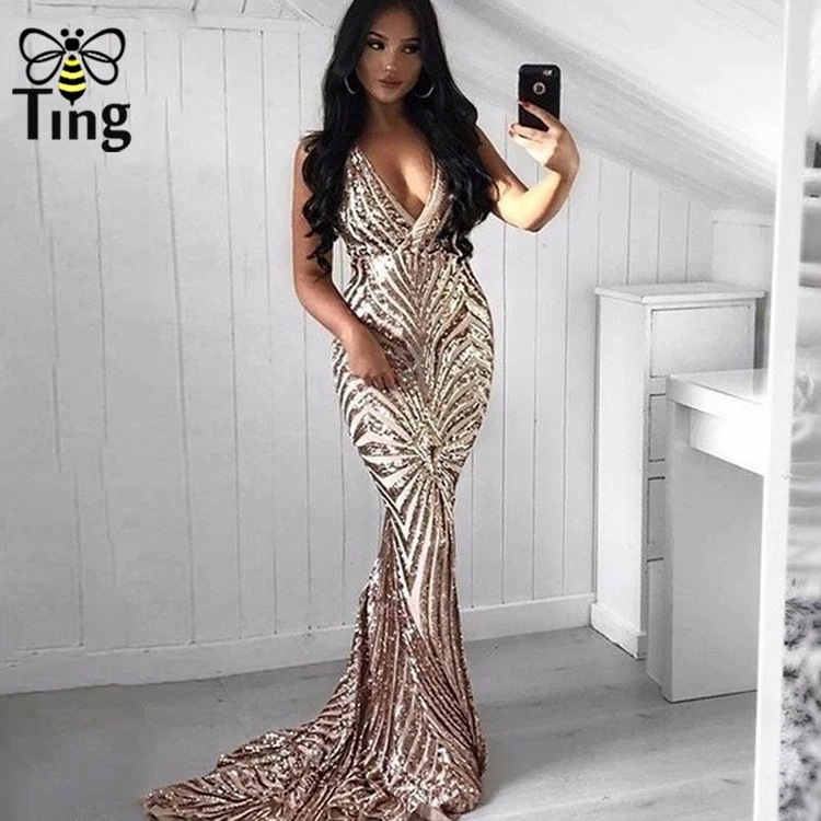 Tingfly Sexy V neck Sequines Long Floor Length Party Dresses Open Back Backless Cross Strap Long Luxury Sequined Glitter Dress