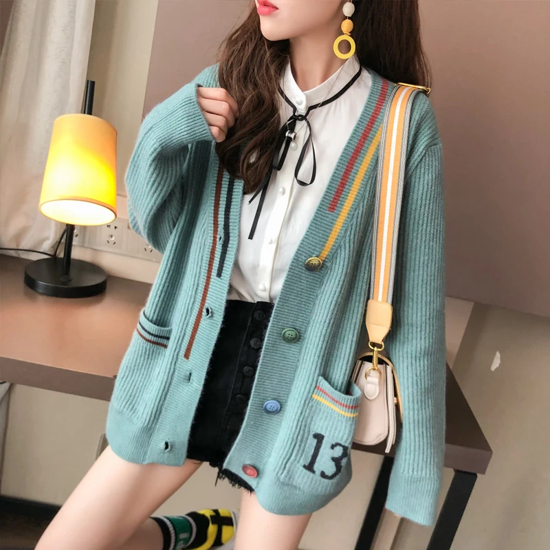 V-neck sweater coat female autumn outfit new han edition easy lazy wind plus a fairy joker knitted cardigan