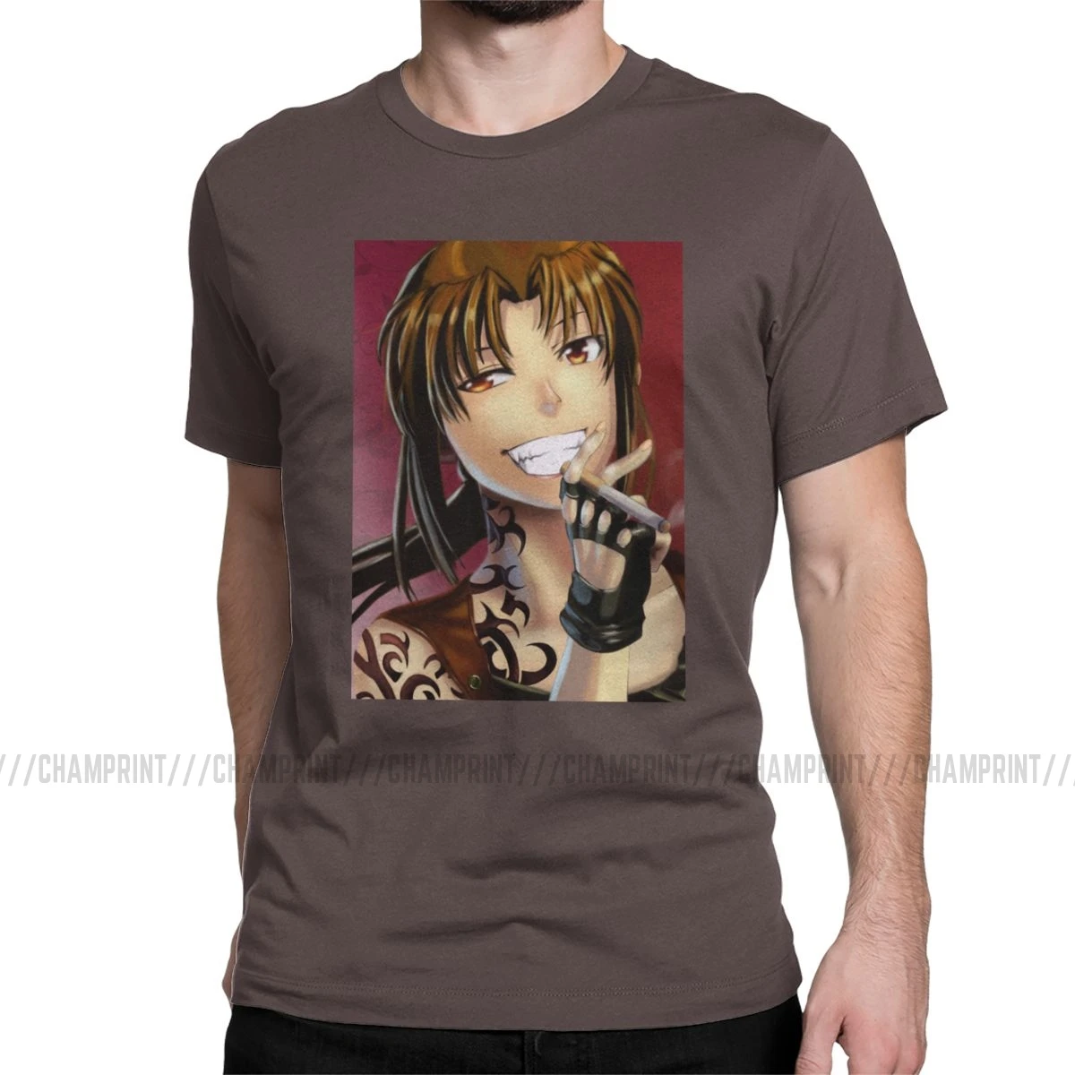 Винтажная Мужская футболка Badass Revy с круглым вырезом, хлопок, футболка Black Lagoon, аниме, короткий рукав, футболка размера плюс, одежда - Цвет: Коричневый