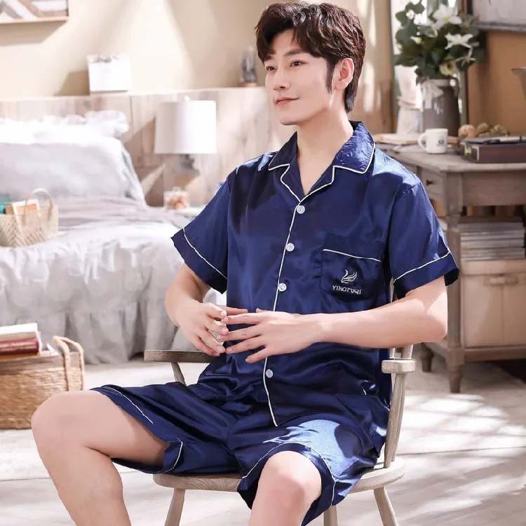 

Viscose Pajamas Men Summer Short Sleeve Shorts Set Thin Youth Korean-style Tracksuit Spring And Summer Days 789 Blue
