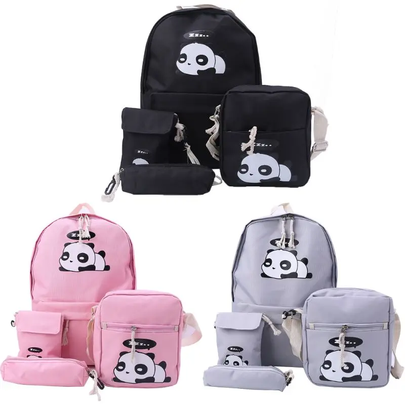 #*Cheap 4pcs Women #039;s Backpack Cute Panda Print Rucksack Travel Schoolbags Shoulder Bag F42A