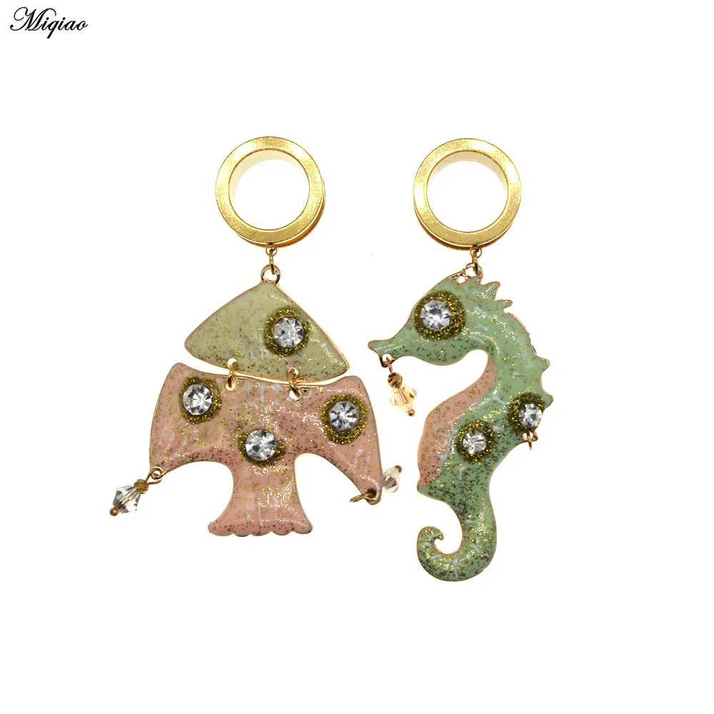 Miqiao 2pcs Body Piercing Jewelry Ear Gauges Plugs Tunnels Stainless Steel Seahorse Fish Asymmetric Earrings  Expander 6-25mm