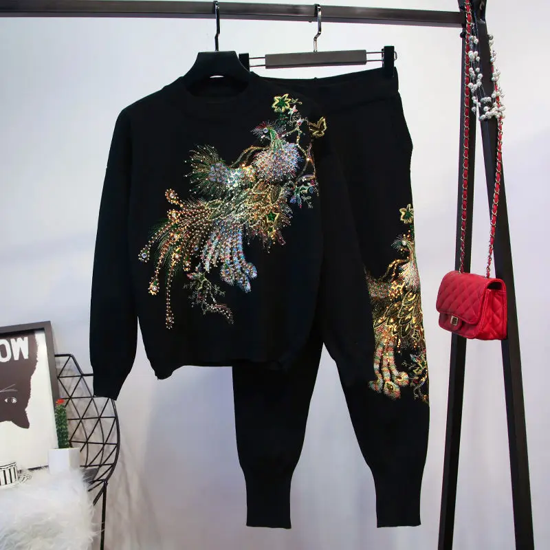

2021 spring and autumn embroidery sequins fashion velvet large size women's casual sports suit leggings two-piece women