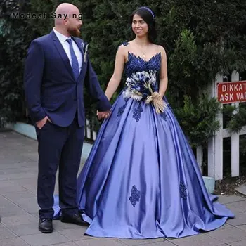 

Elegant Royal Blue Ball Gown O Neck Lace Evening Dresses 2019 Lace Up Formal Women Satin Skirt Party Prom Gowns robe de soiree