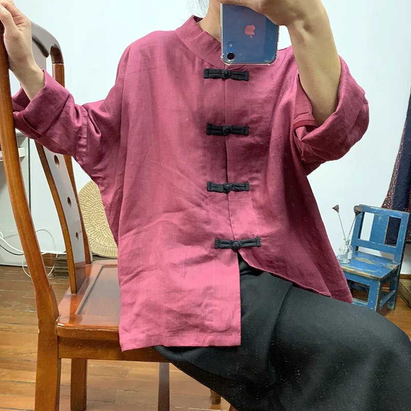 

High-grade pure ramie top women's loose large size bat sleeve shirt Chinese retro double-breasted